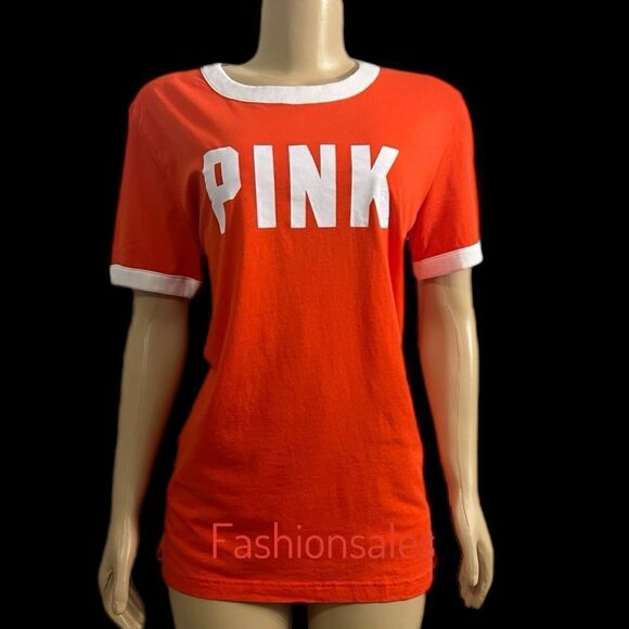 Victorias Secret Pink Campus Ringer Oversized Short Sleeve Logo Tee Shirt Tomato - Picture 1 of 9